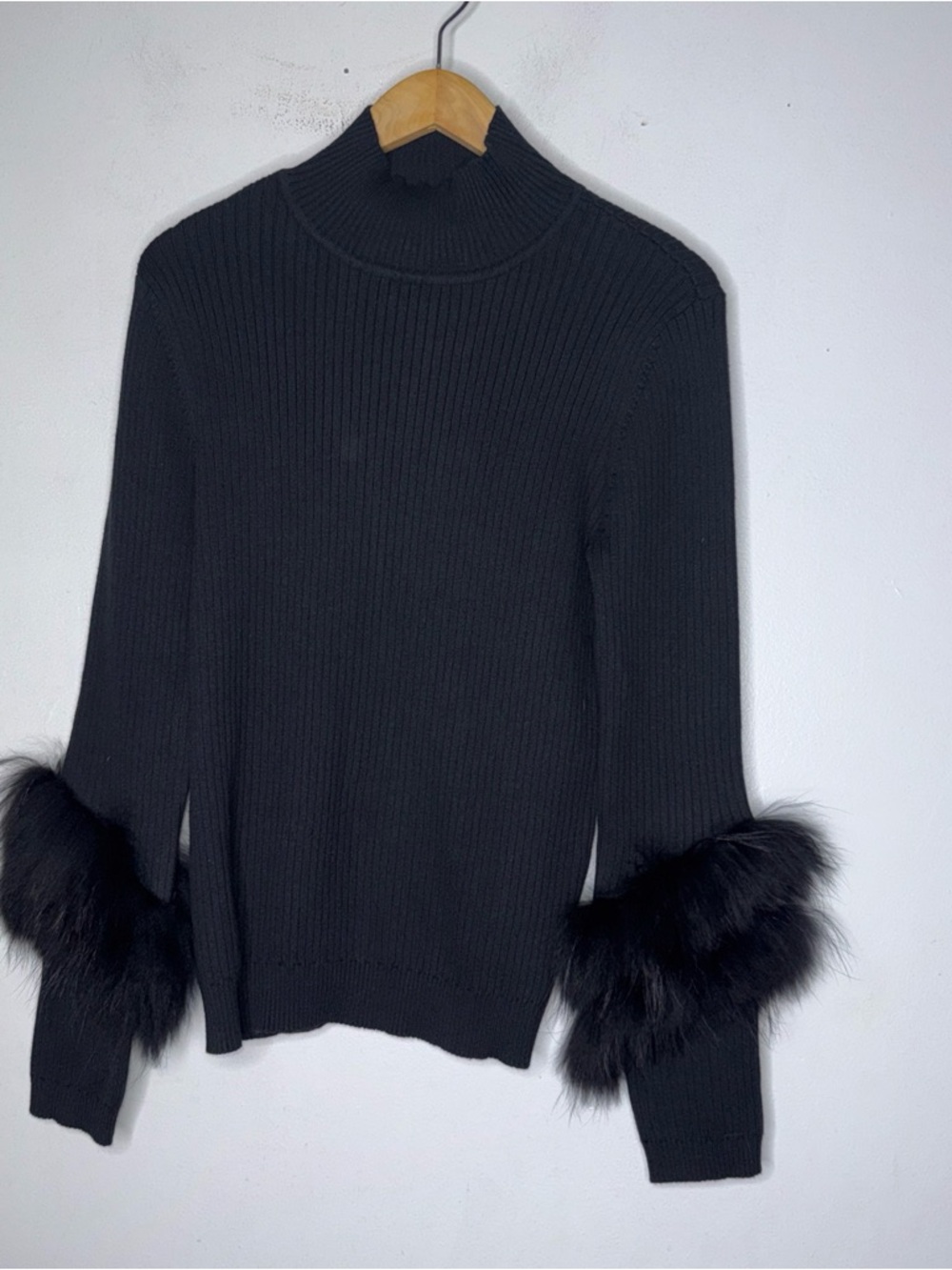 tyler boe Black Mock Neck Ribbed Sweater Faux Fur Sleeve Detail Small
